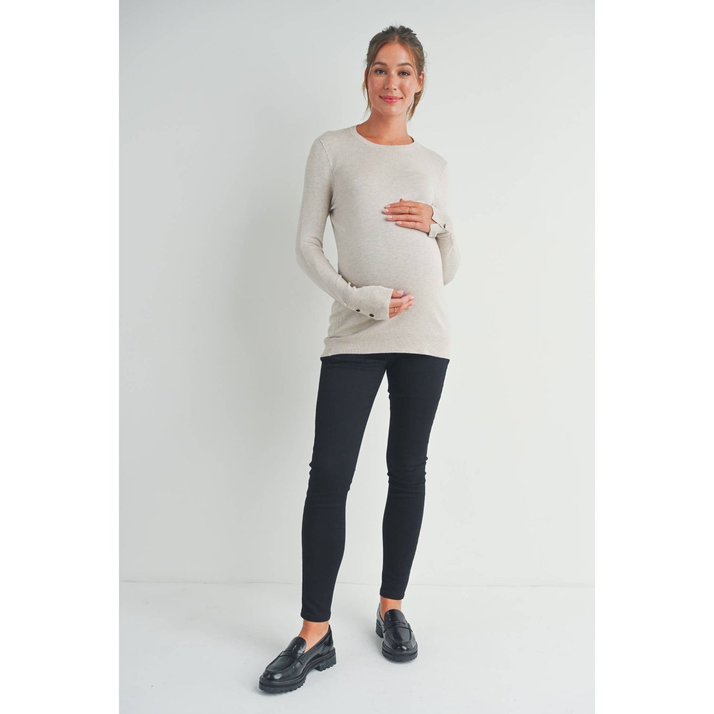 Solid Crewneck Maternity Button Sleeve Sweater