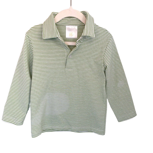 Green & White Stripe Long Sleeve Polo