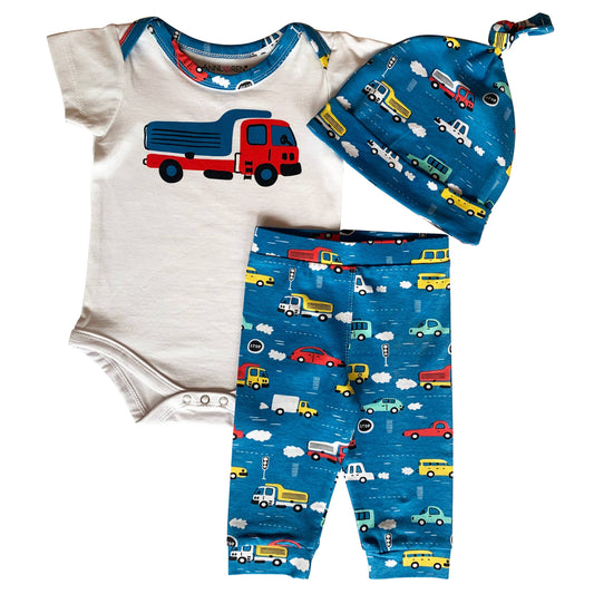 Boys 3pc Baby Shower Gift Car Truck Layette Onesie Pants PJS