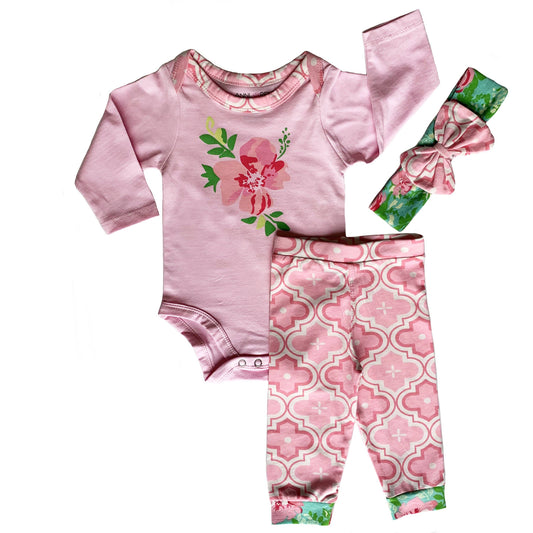 Baby Shower Gift Girls 3 pc Layette Pink Floral Onesie Pants