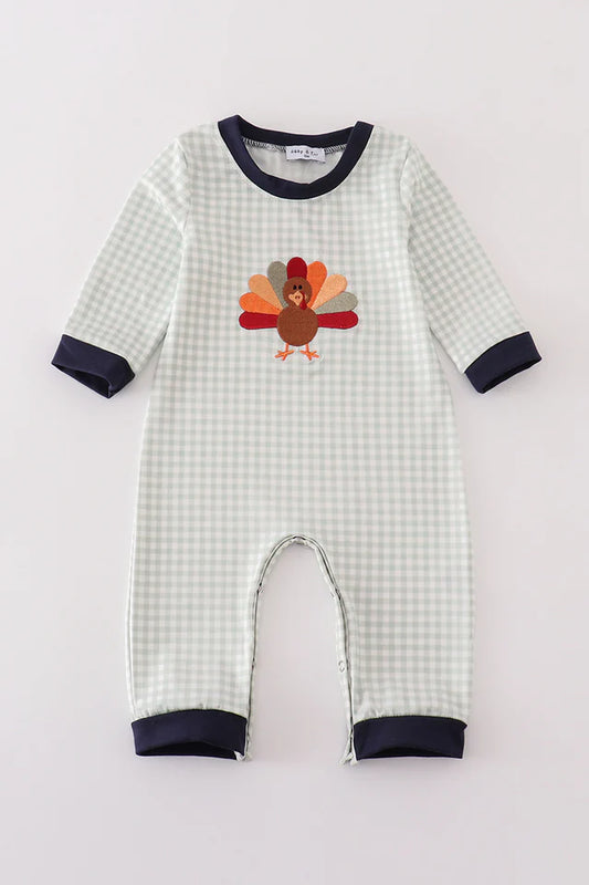 Sage turkey embroidery gingham boy romper