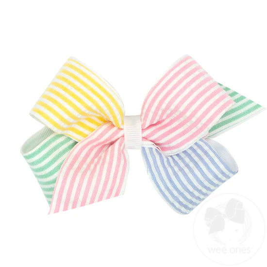 Wee Ones Medium Color Block Seersucker and Grosgrain Overlay Hair Bow