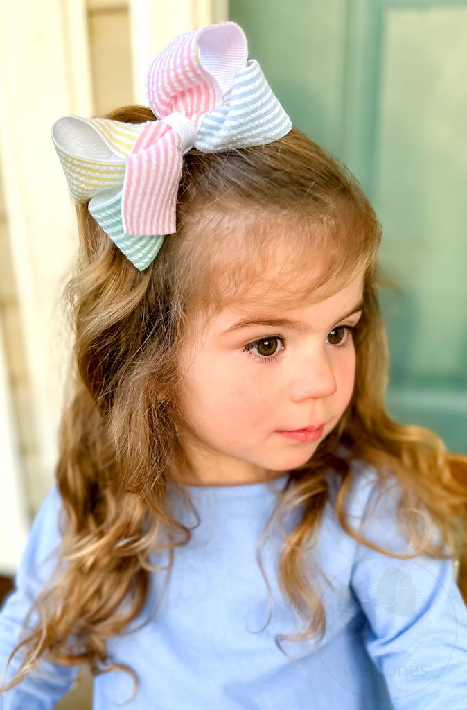 Wee Ones Medium Color Block Seersucker and Grosgrain Overlay Hair Bow