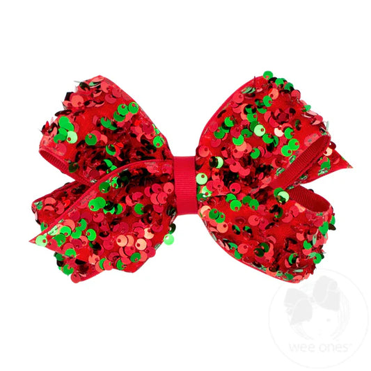 Wee Ones Medium Red and Green Velvet Sequin and Grosgrain Overlay Hair Bow