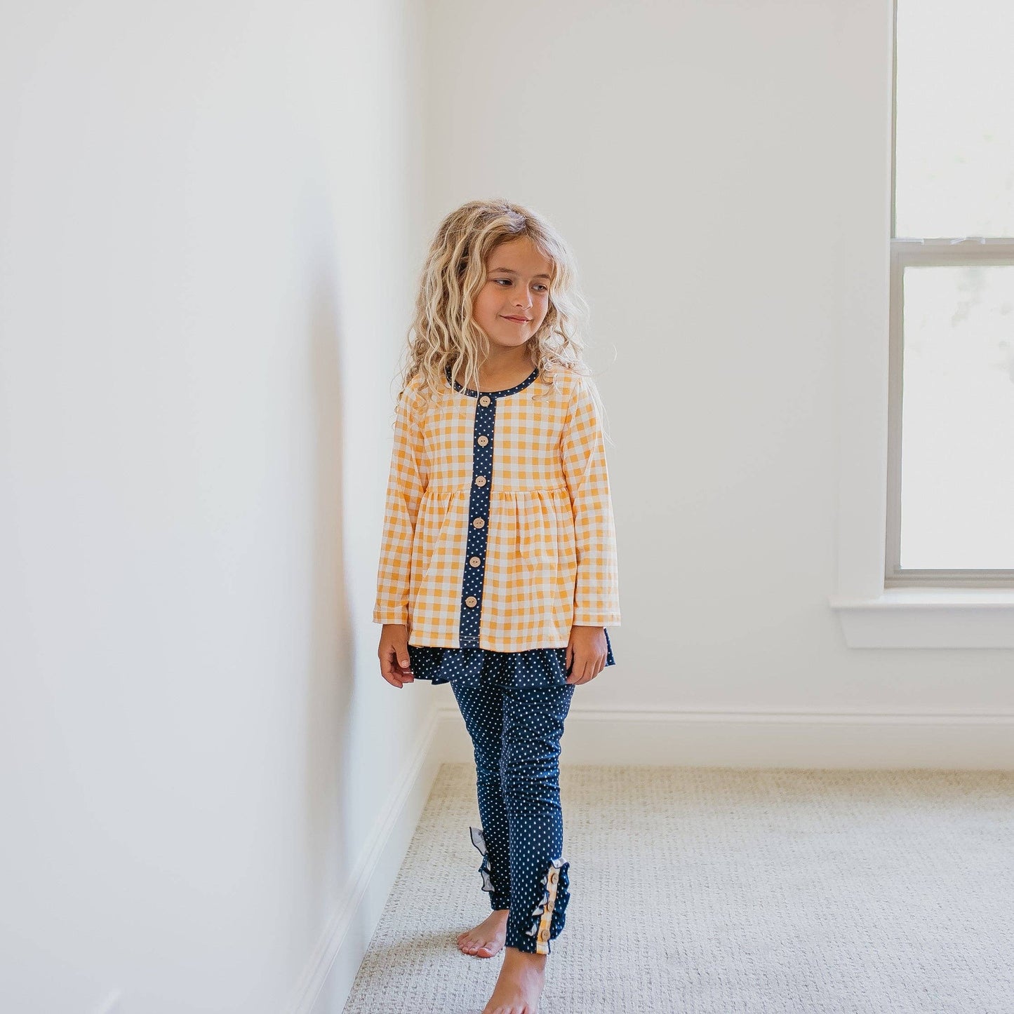 Kids Navy & Mustard Gingham Check Button Pocket Pant Set