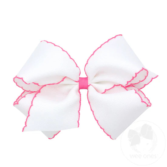 Wee Ones White Hot Pink Trim King Moonstitch Grosgrain Hair Bow with Contrasting Wrap