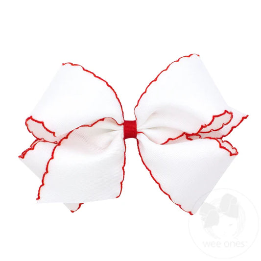 Wee Ones White Red Trim Medium Moonstitch Grosgrain Hair Bow with Contrasting Wrap