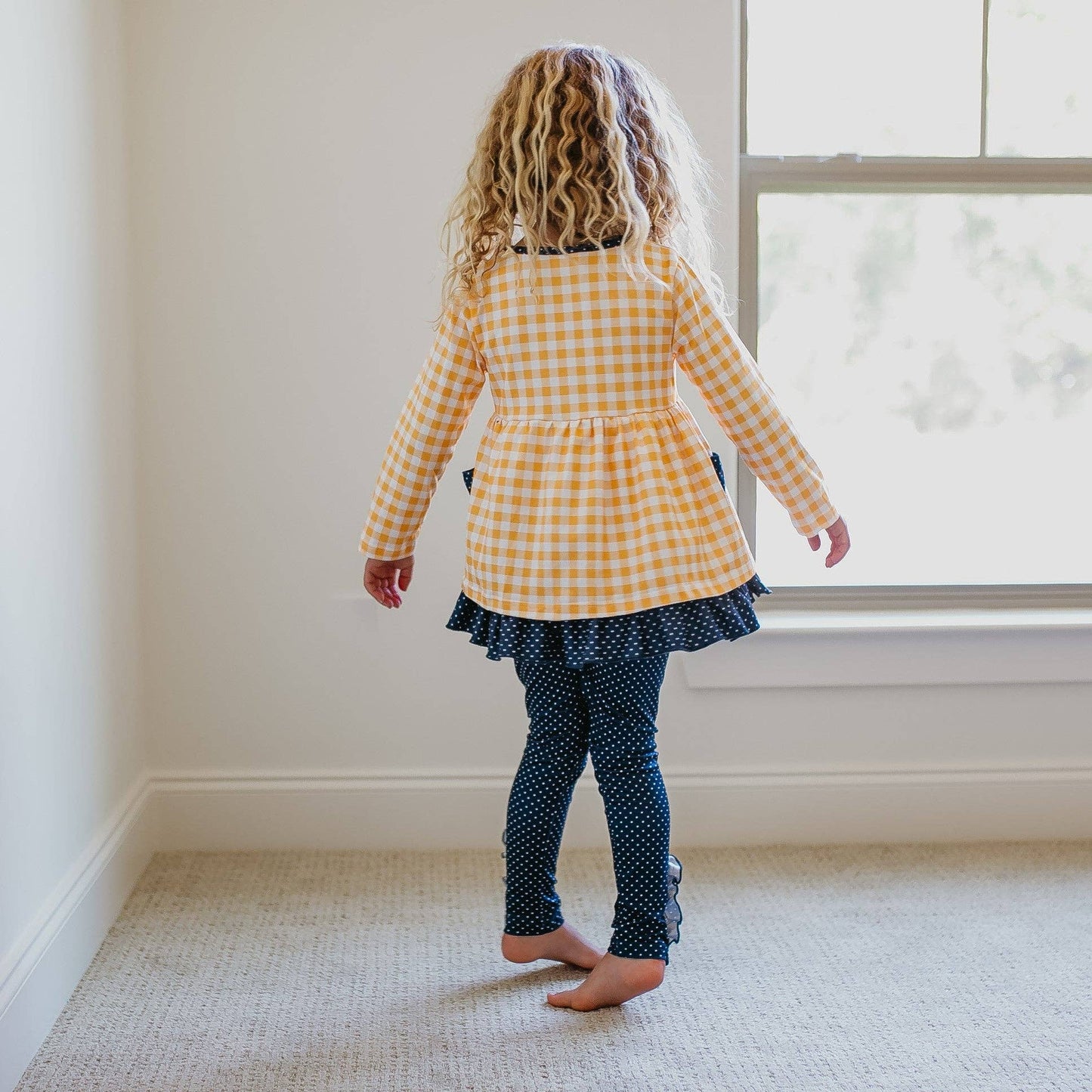 Kids Navy & Mustard Gingham Check Button Pocket Pant Set