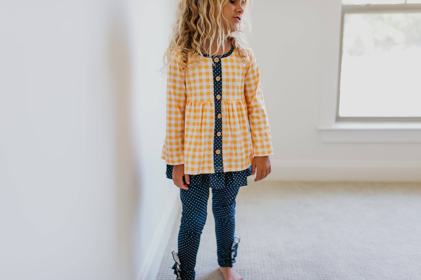 Kids Navy & Mustard Gingham Check Button Pocket Pant Set