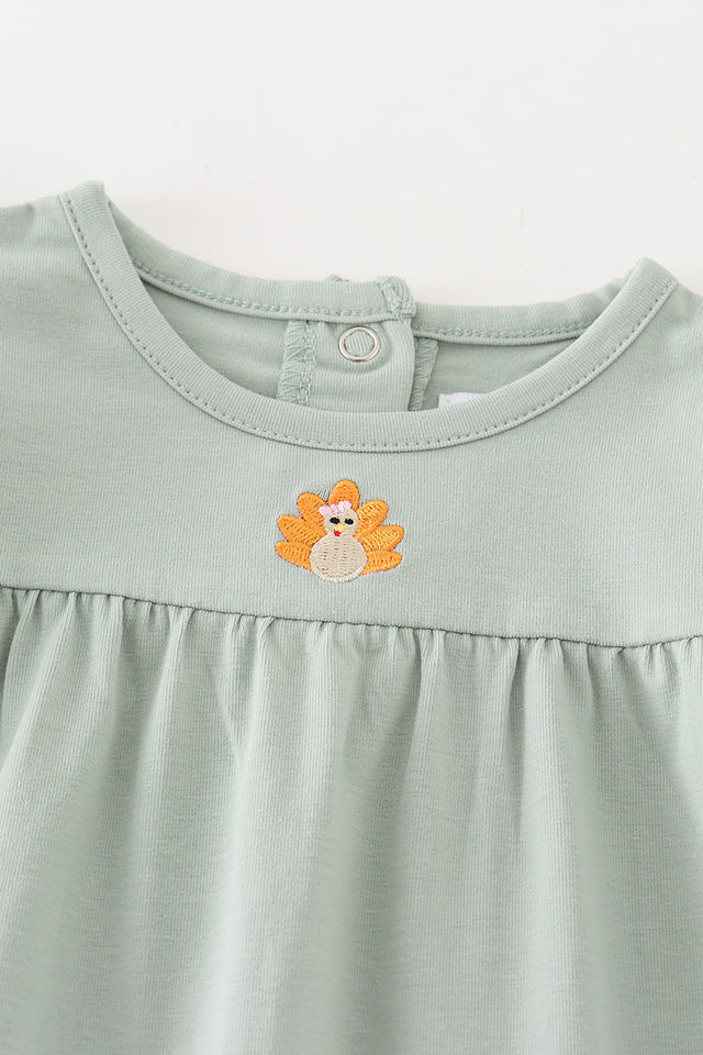 Green turkey embroidery girl romper