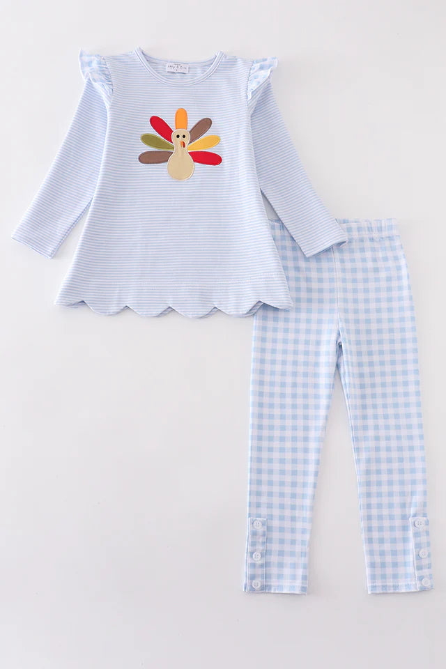 Blue turkey embroidery stripe girl set