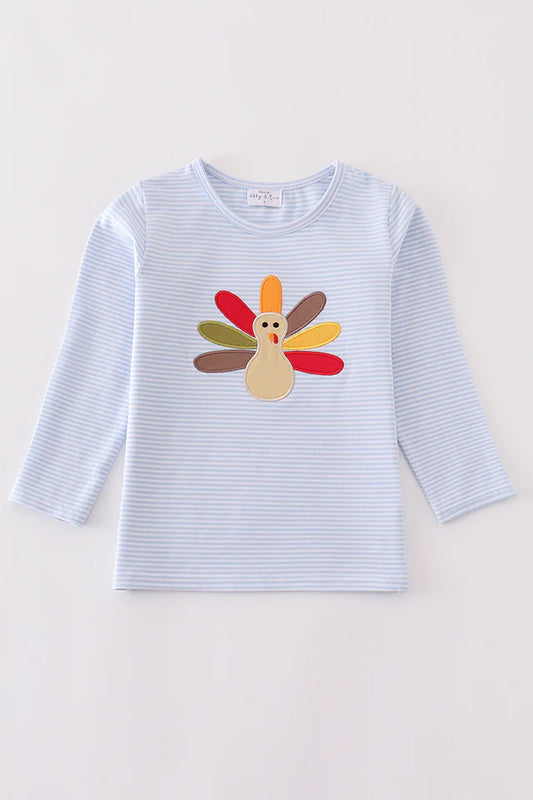 Blue turkey embroidery boy top