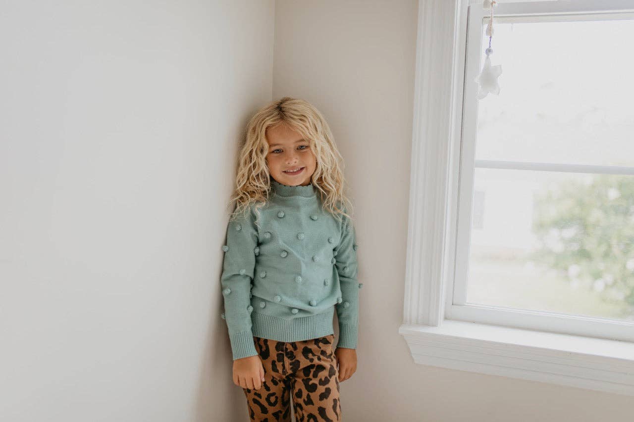 Kids Teal Pom Pom Fall Winter Sweater