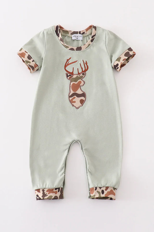 Green camouflage deer applique boy romper