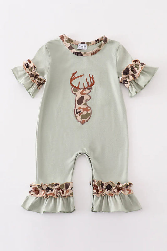 Green camouflage deer applique girl romper