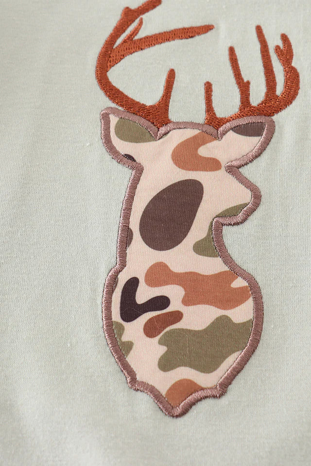 Green camouflage deer applique girl romper