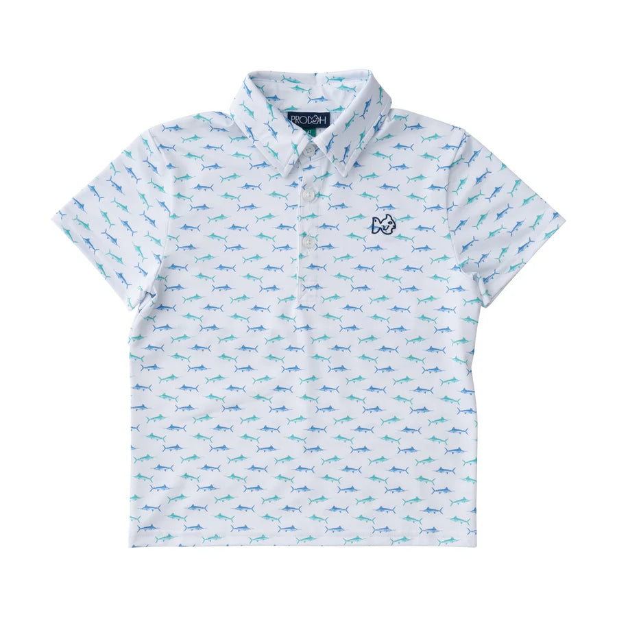 Prodoh Boys Short Sleeve Pro Performance Polo in Fish Print on White