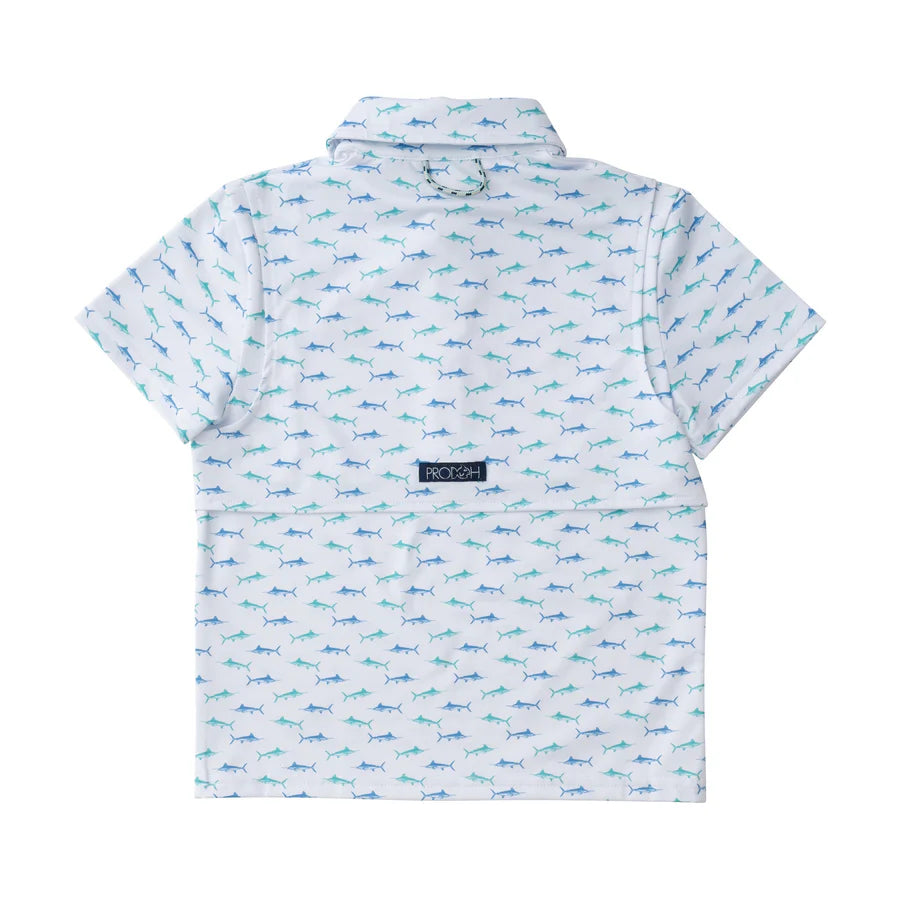 Prodoh Boys Short Sleeve Pro Performance Polo in Fish Print on White