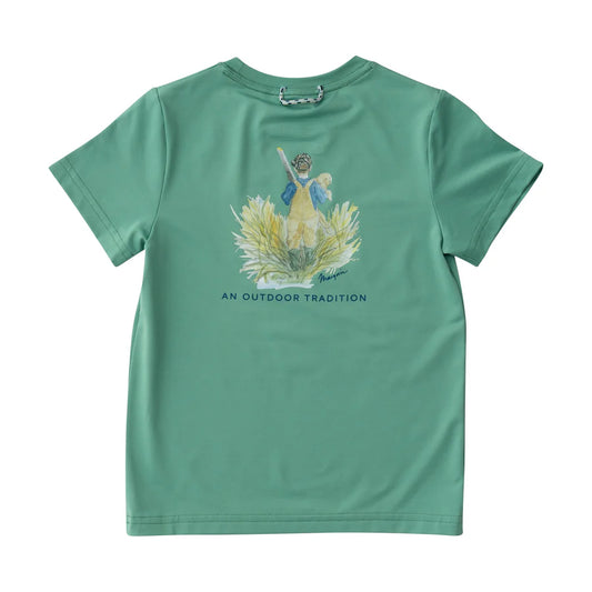 Prodoh Kids Pro Performance Short Sleeve Fishing T-shirt in Green Spruce Boy and his Lab Puppy