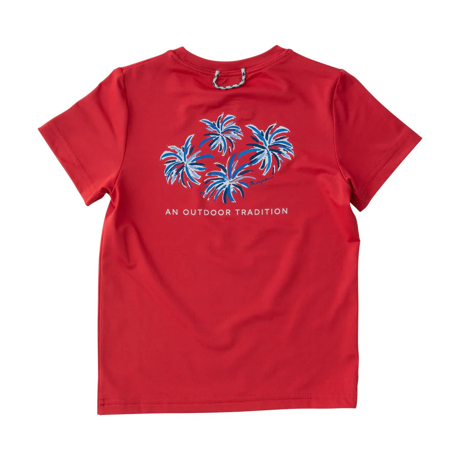 Prodoh Kids Pro Performance Short Sleeve Fishing T-shirt in Watermelon Red with 4th of July Fireworks