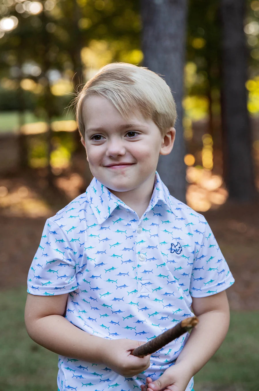 Prodoh Boys Short Sleeve Pro Performance Polo in Fish Print on White