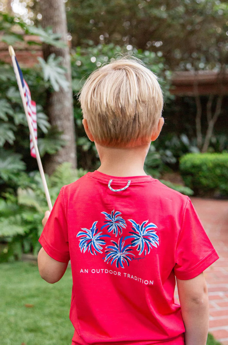 Prodoh Kids Pro Performance Short Sleeve Fishing T-shirt in Watermelon Red with 4th of July Fireworks