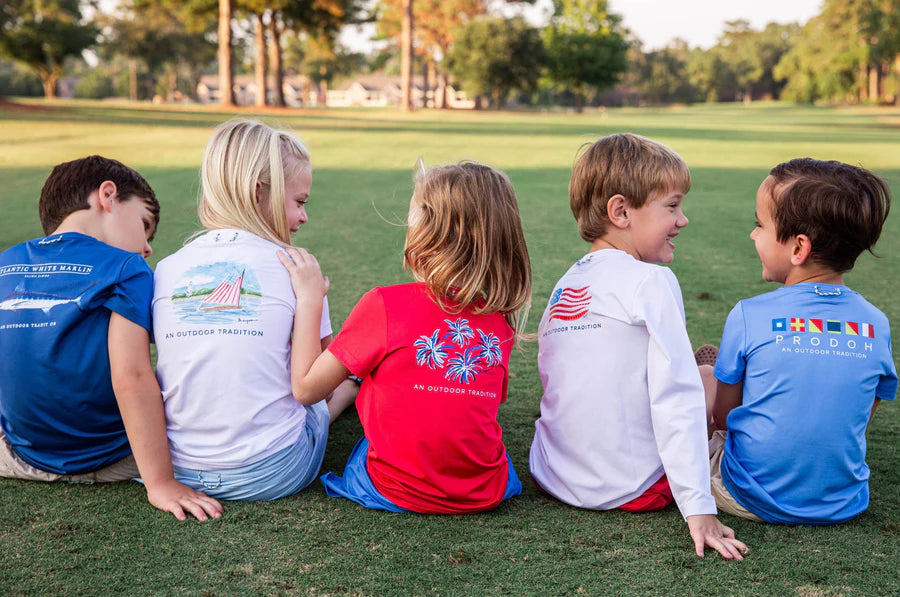 Prodoh Kids Pro Performance Short Sleeve Fishing T-shirt in Watermelon Red with 4th of July Fireworks