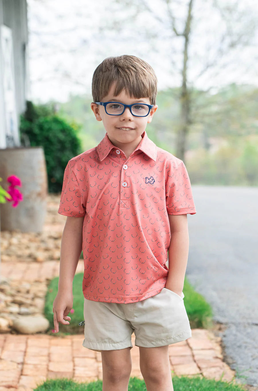Prodoh Boy's Short Sleeve Pro Performance Polo in Deer Antler Print on Orange