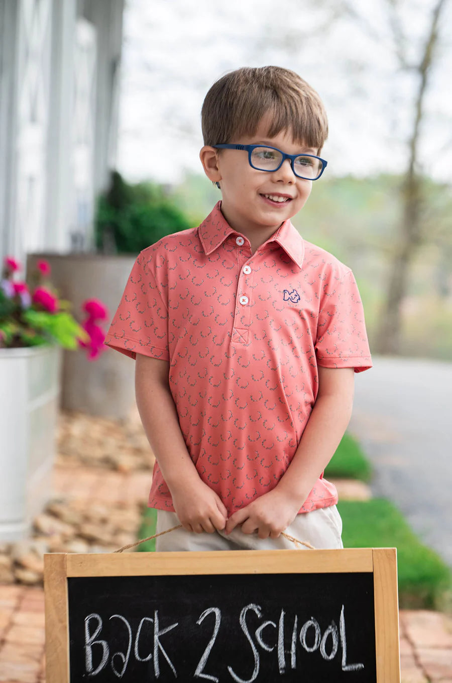 Prodoh Boy's Short Sleeve Pro Performance Polo in Deer Antler Print on Orange