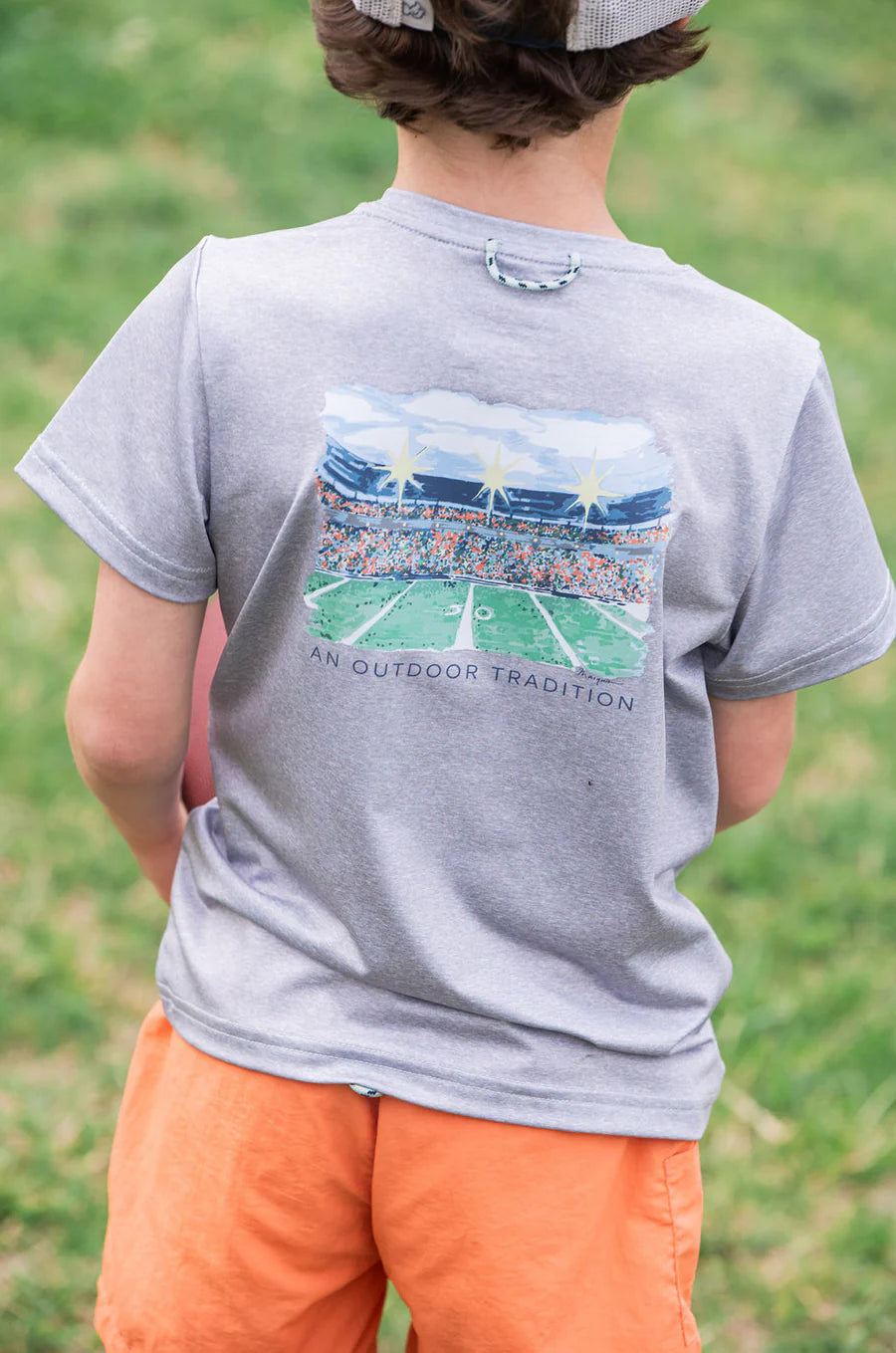 Prodoh Kid's Pro Performance Short Sleeve T-shirt in Heather Gray 50-yard line at Football Stadium