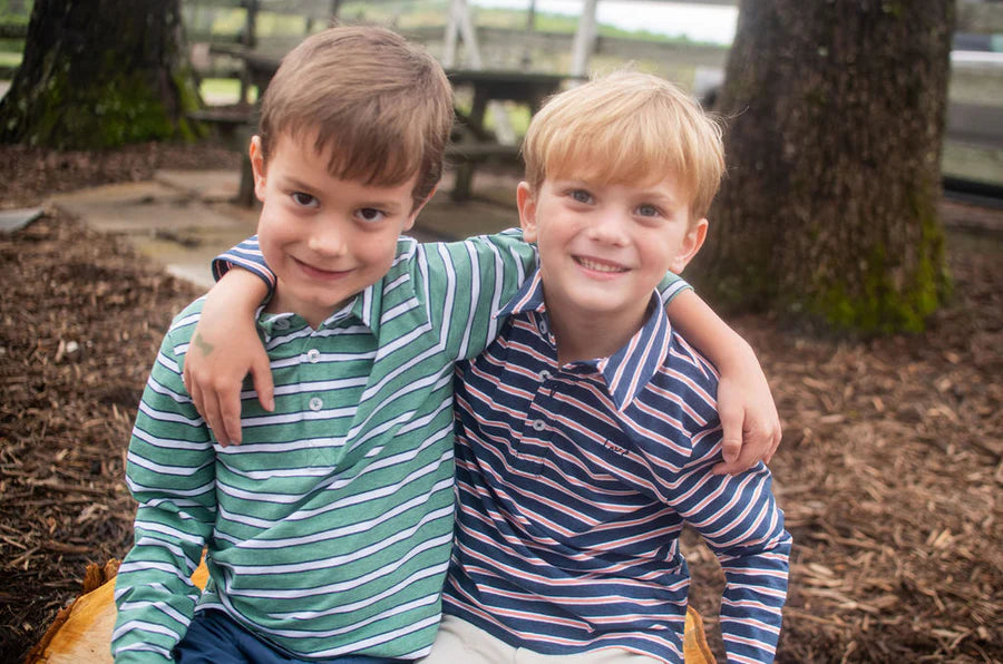 Prodoh Boys Long Sleeve Too Cool for School Cotton Polo in Dark Denim and Faded Orange Stripe