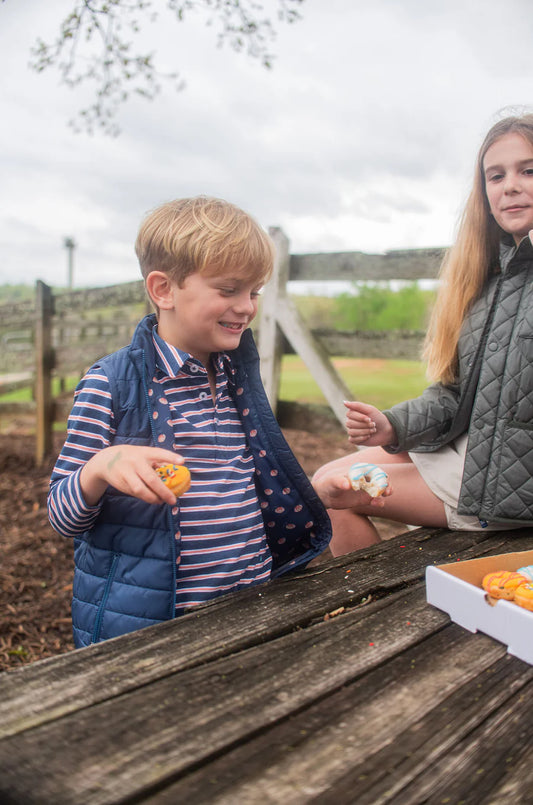 Prodoh Boys Long Sleeve Too Cool for School Cotton Polo in Dark Denim and Faded Orange Stripe