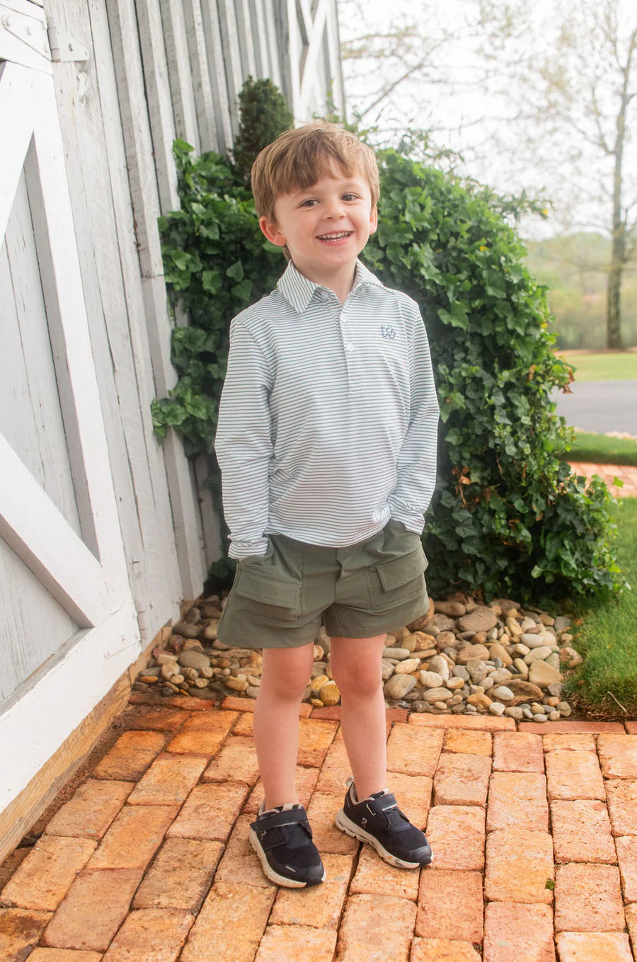 Prodoh Boy's Long Sleeve Pro Performance Polo in Green Spruce Stripe