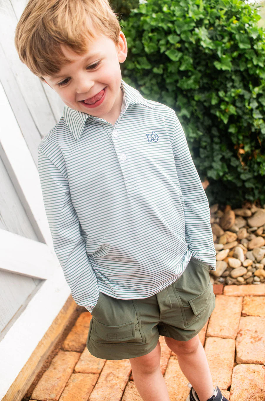 Prodoh Boy's Long Sleeve Pro Performance Polo in Green Spruce Stripe