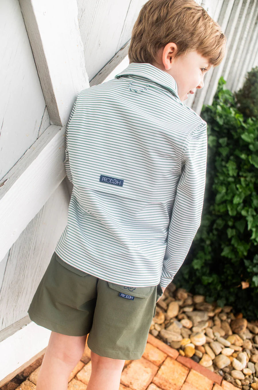 Prodoh Boy's Long Sleeve Pro Performance Polo in Green Spruce Stripe