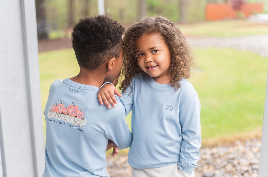 Prodoh Kid's Long Sleeve Cotton T-shirt in Blue Gray with Pumpkin Harvest Fall Festival
