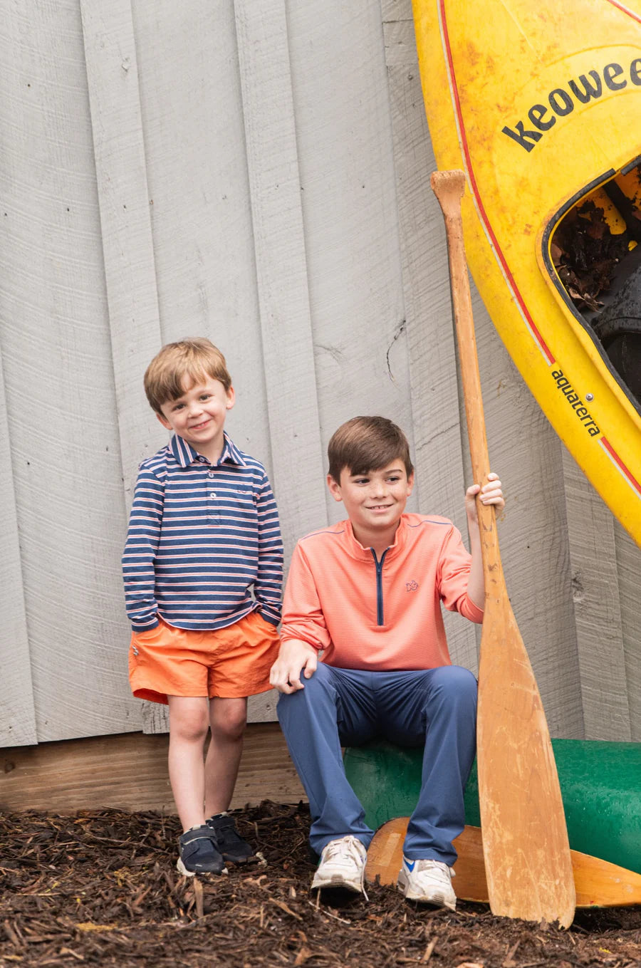 Prodoh Boys Long Sleeve Too Cool for School Cotton Polo in Dark Denim and Faded Orange Stripe