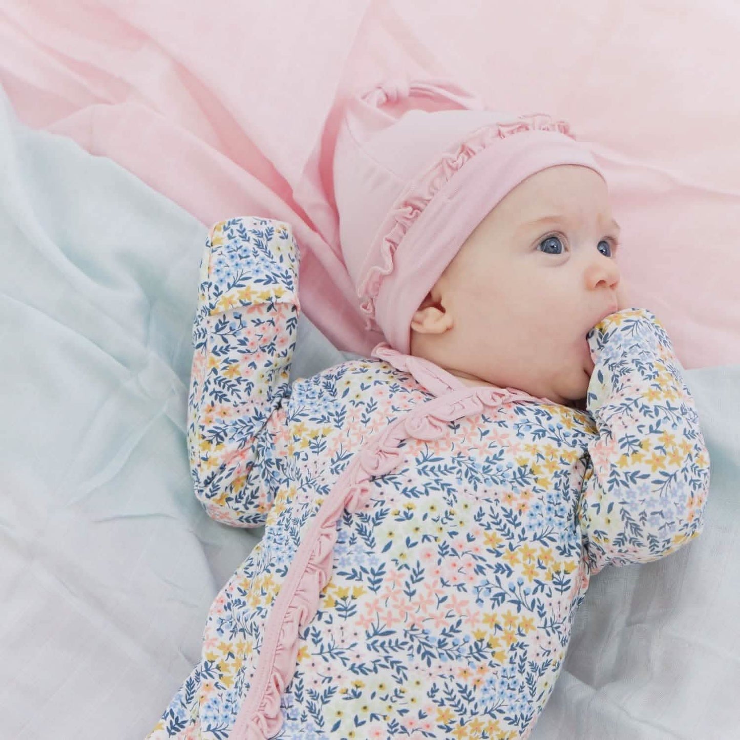 Magnetic me chelsea modal magnetic cozy sleeper gown + hat set with ruffles