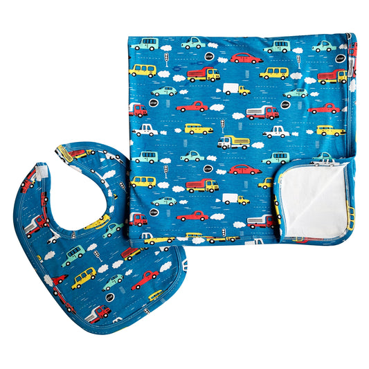 Boy Cars Truck Stroller Blanket & Bib Baby Shower Gift Set