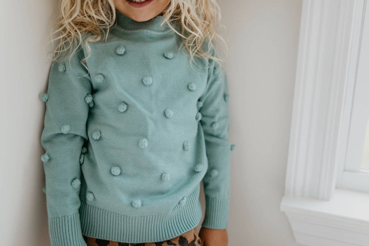 Kids Teal Pom Pom Fall Winter Sweater