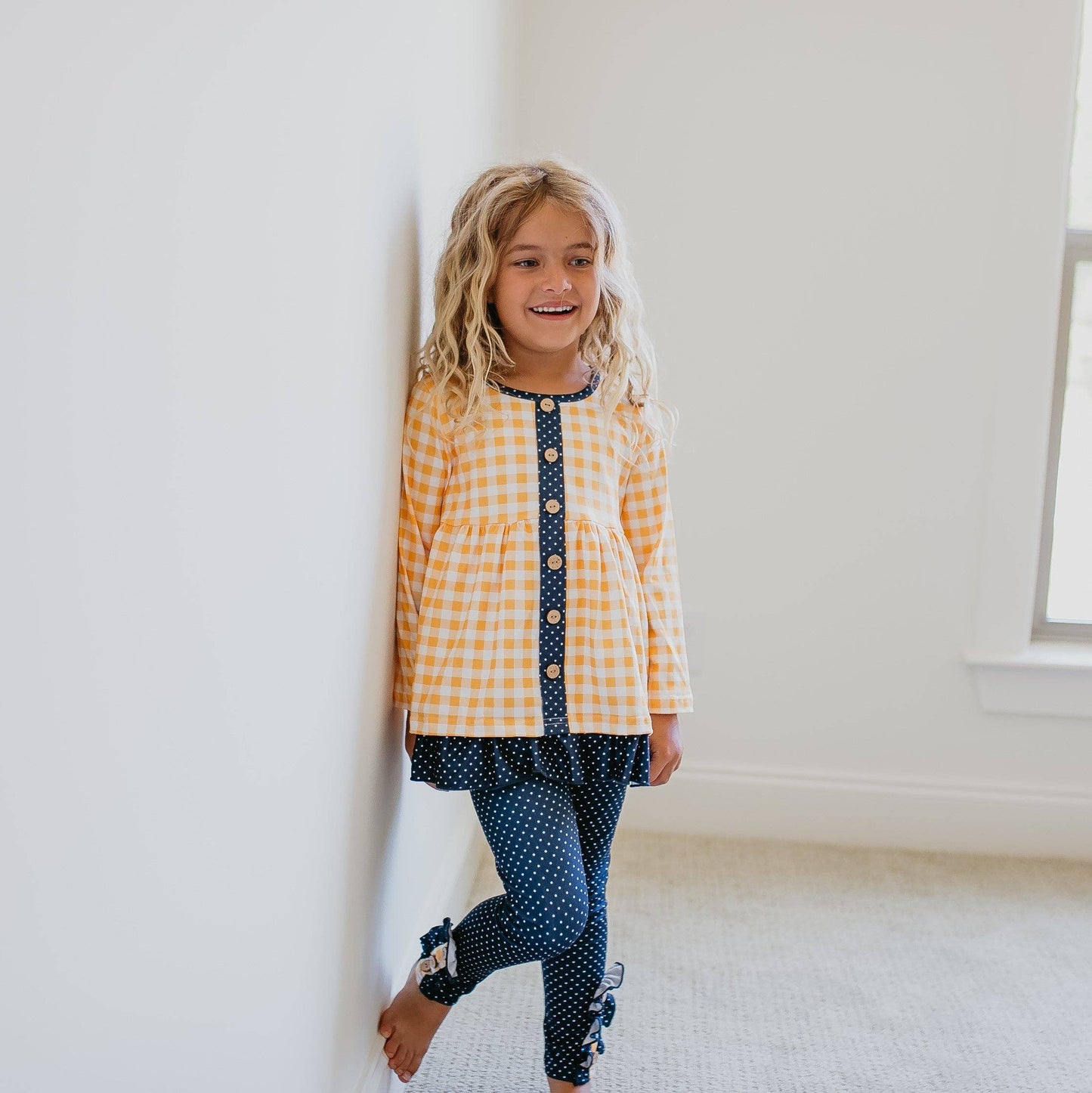 Kids Navy & Mustard Gingham Check Button Pocket Pant Set